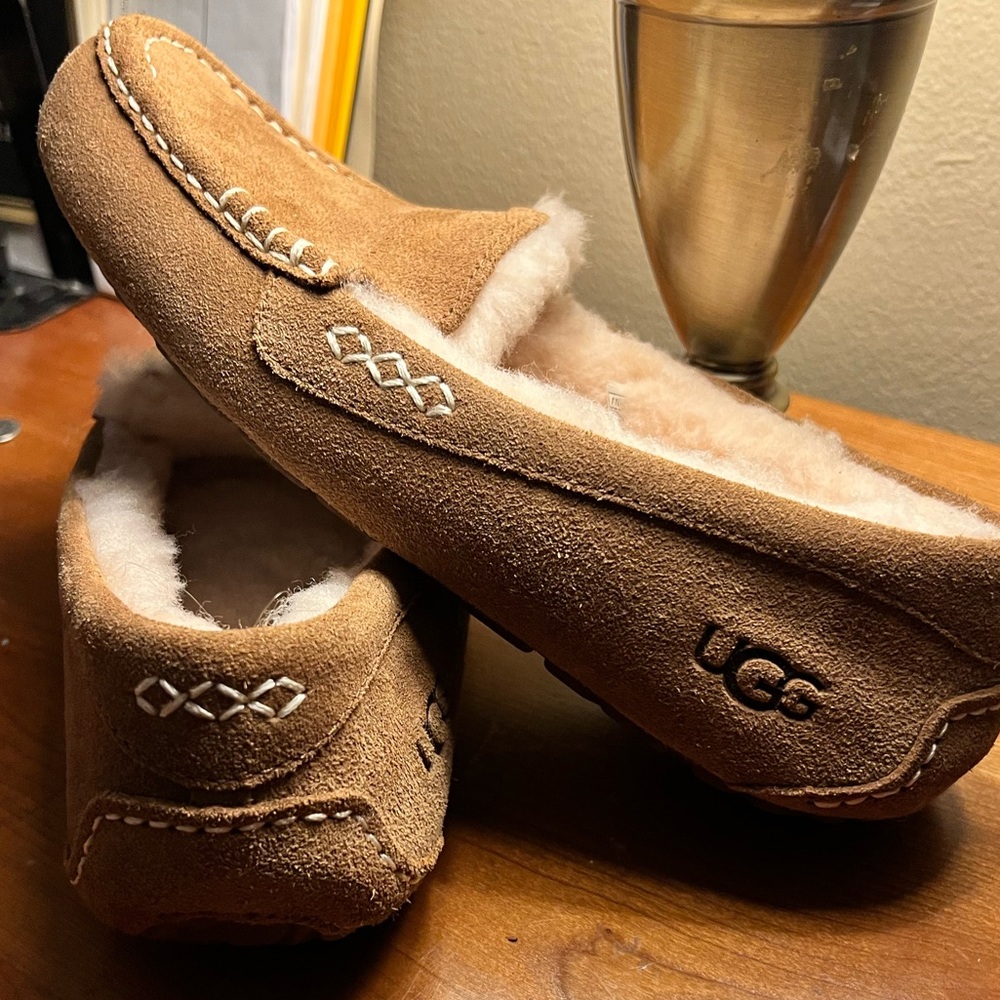 UGG Chestnut Suede Shearling Moccasin Slippers - Picture 2 of 5